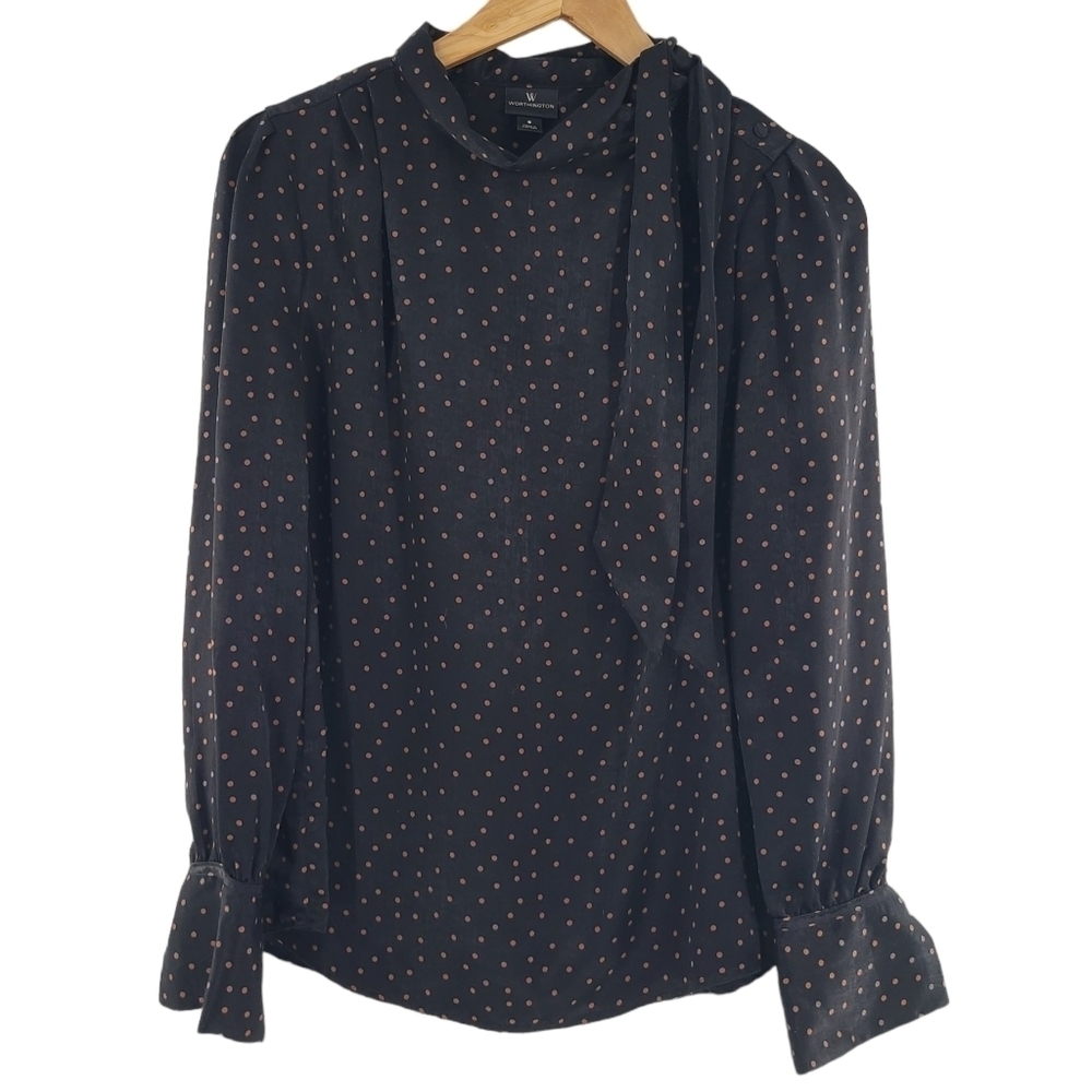 Worthington Tie Neck Black Atty Orange Rust Polka Dot Blouse Sz Small